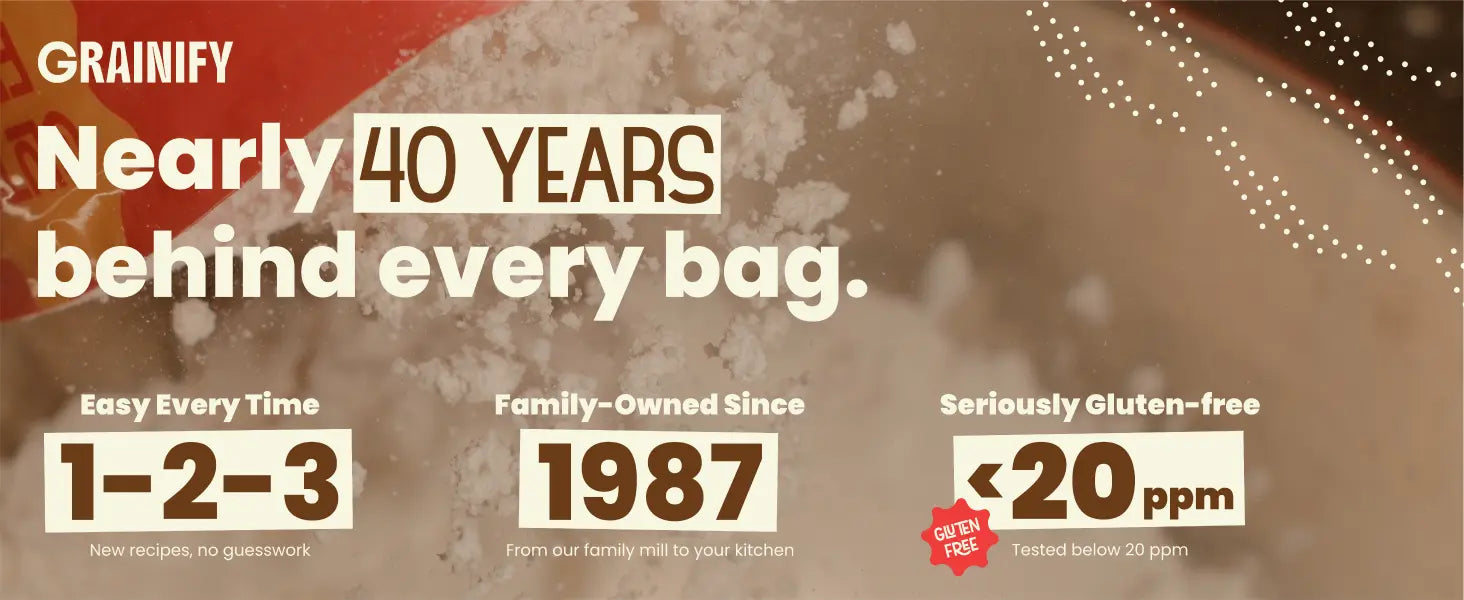 Grainify — nearly 40 years behind every bag. Easy every time: 1-2-3. Family-owned since 1987. Seriously gluten-free: tested below 20 ppm.
