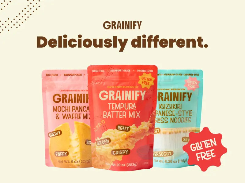 Grainify — Deliciously different. Mochi Pancake & Waffle Mix, Tempura Batter Mix and Kuzukiri Glass Noodles pouches